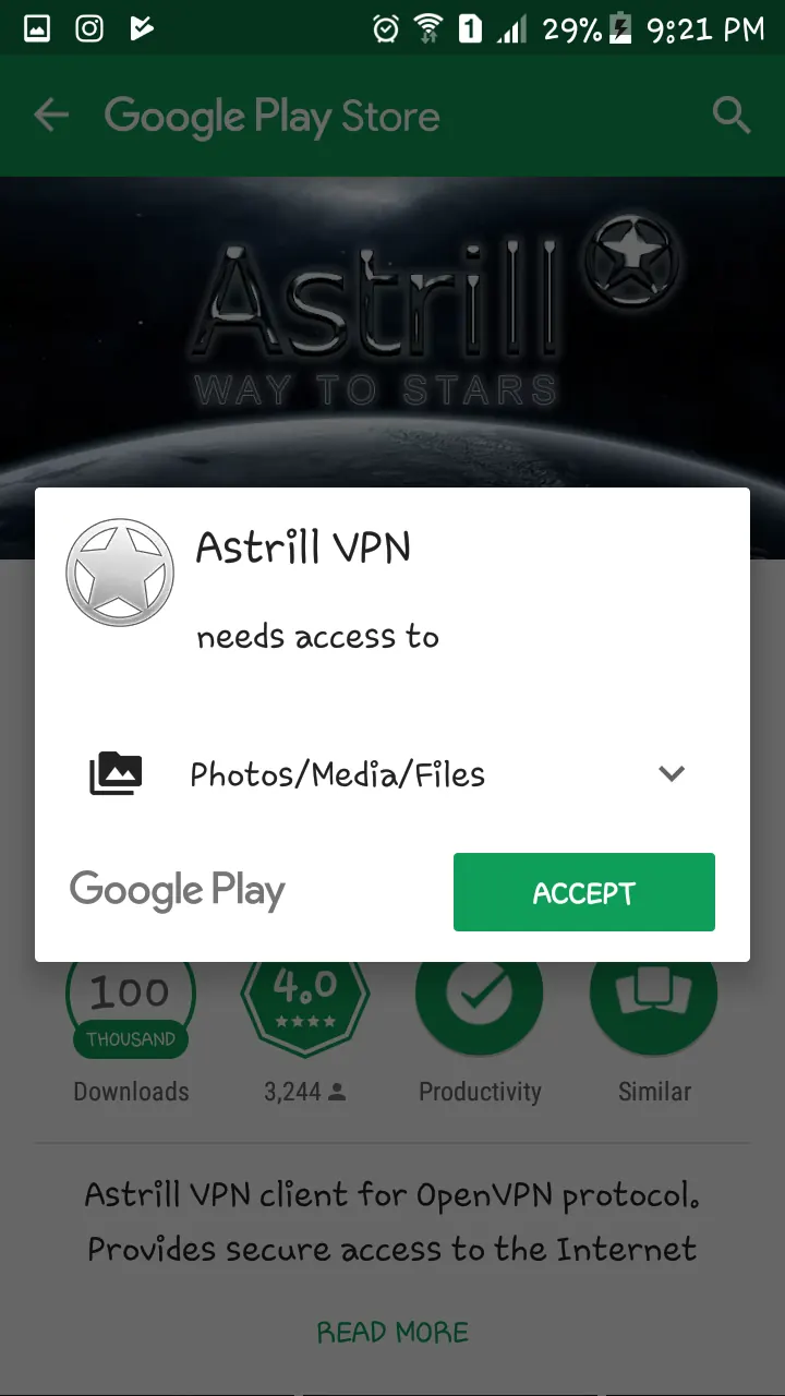 Google Play permission request for Astrill VPN to access photos, media, and files