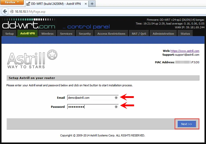 Astrill VPN router setup form for email and password