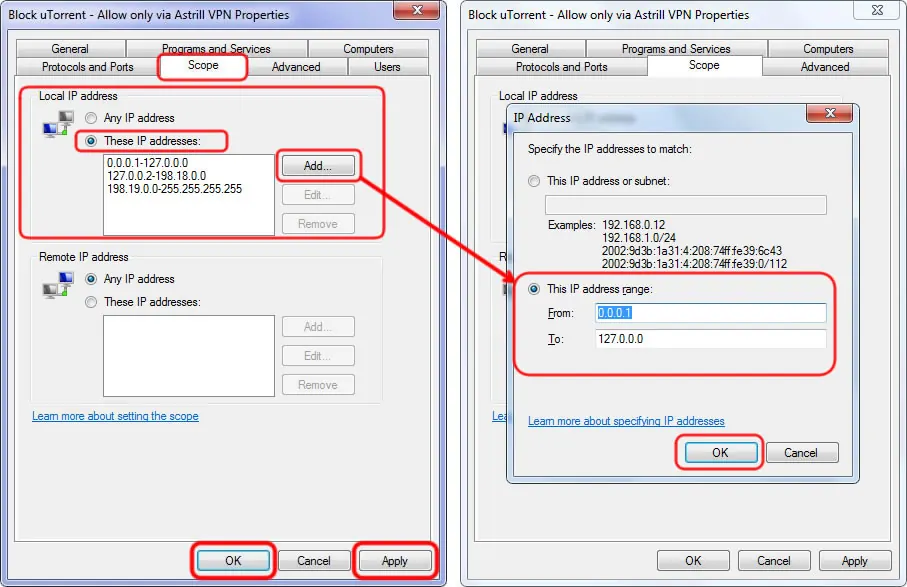 Windows Firewall rule Scope tab with local IP address ranges configured
