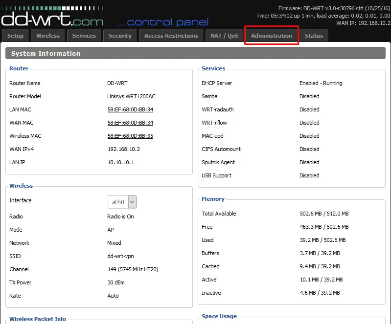 DD-WRT control panel with the Administration tab selected