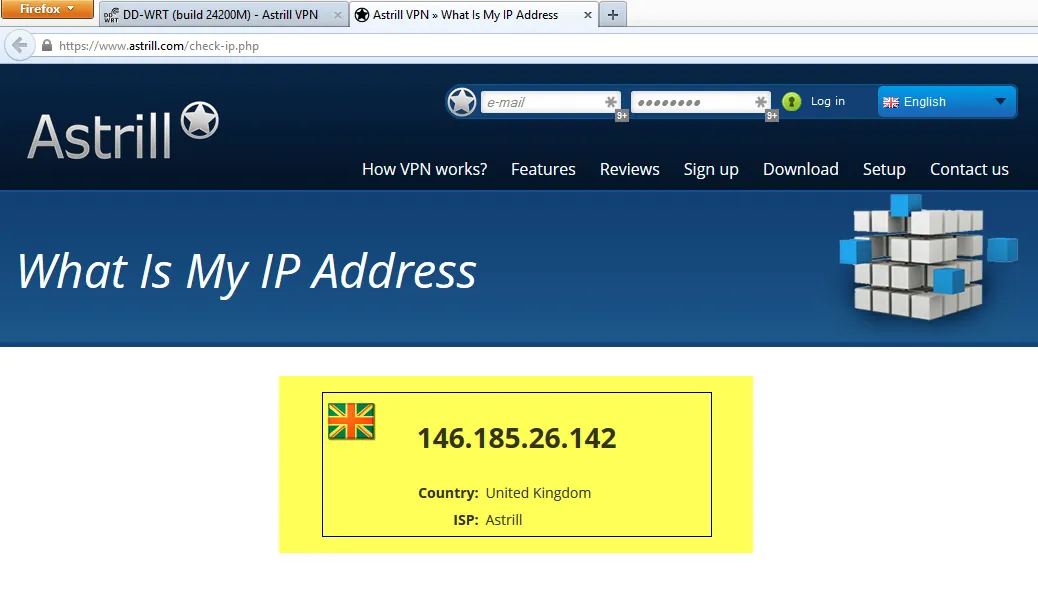 Astrill IP address page confirming a United Kingdom VPN address