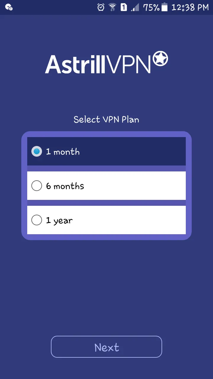 Astrill Android app VPN plan selection for one month, six months, or one year