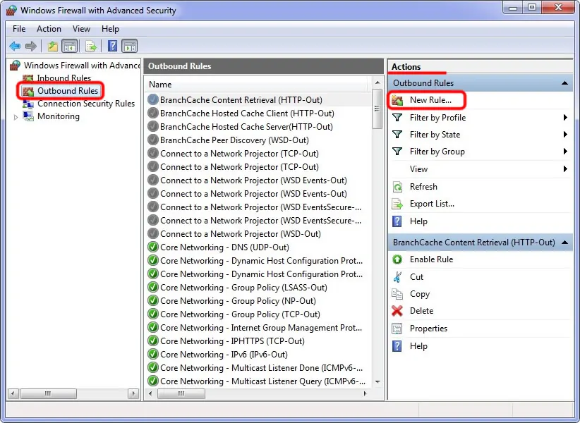 Windows Firewall with Advanced Security showing Outbound Rules and New Rule